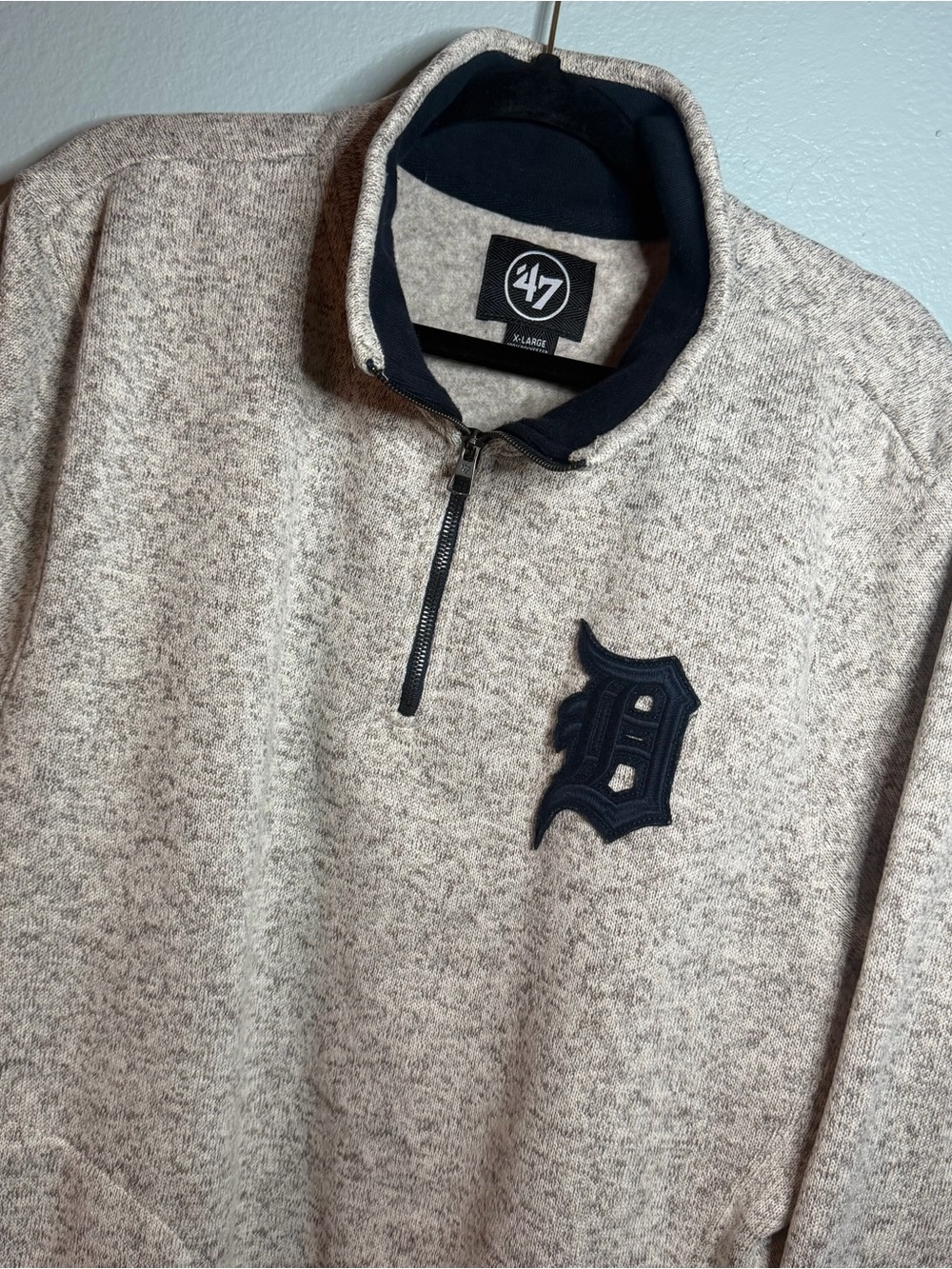 47 Men's Heathered Gray Cream Quarter-Zip Sweater with Navy Tigers Logo